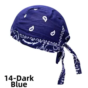 Detail of navy blue paisley bandana cap with adjustable rear tie for outdoor sports