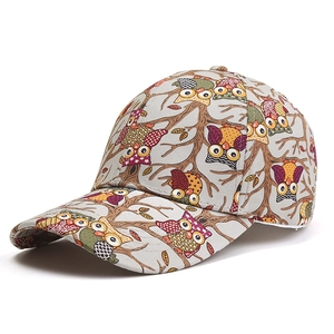 Baseball cap with colorful cartoon owl print on light gray twill fabric for outdoor sun shade