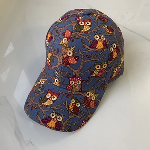 Classic navy blue baseball cap with colorful owl pattern and structured crown design