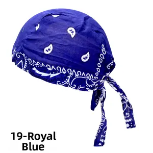 Detailed view of royal blue paisley bandana with adjustable tie back for outdoor cycling