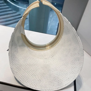 Detail of white finely woven open-top sun hat with wide brim and sweatband