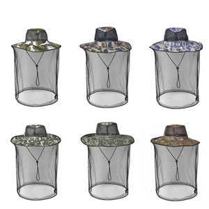 Detailed close-up of six camouflage mosquito net hats with adjustable drawstring mesh