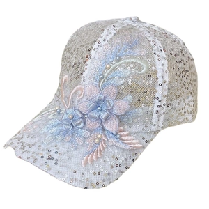 Women's breathable lace flower baseball cap with silver sequins and pearl accents