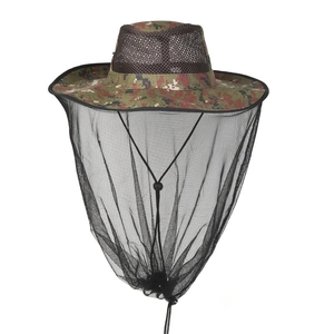 Detail view of camouflage beekeeping hat with breathable mesh veil and adjustable chin strap