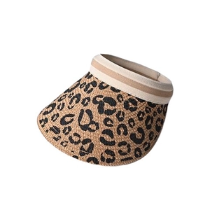 Summer outdoor leopard print straw sun visor with striped elastic headband for women