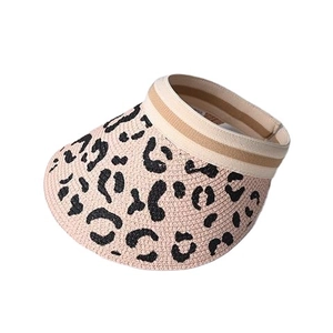 Women's summer straw open top sun hat featuring leopard print brim and elastic band