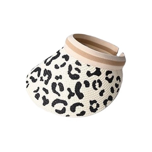 Women's sun visor straw hat with black and white leopard print brim and striped headband