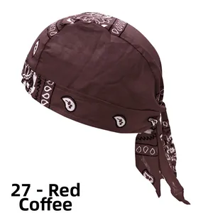Detail of red coffee paisley bandana cap featuring breathable fabric and back straps