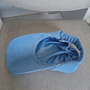 Detail of sky blue sun hat showing pleated fabric texture and breathable mesh lining