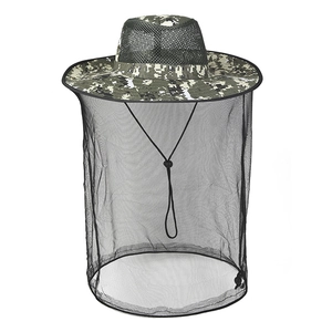 Close-up of camouflage outdoor hat with breathable mesh and adjustable neck netting