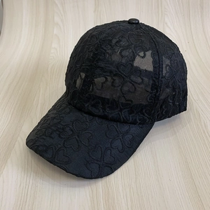 Breathable black mesh baseball cap with heart embroidery and lace sun protection design