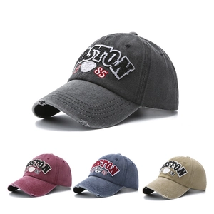Vintage washed cotton baseball caps with Boston embroidery and distressed details