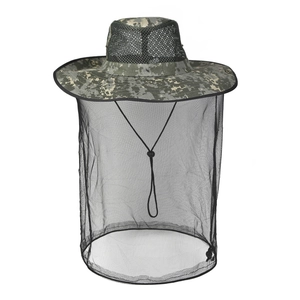 Detail view of camouflage anti-mosquito hat with fine mesh net and adjustable drawstring