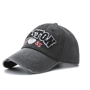Vintage washed charcoal cotton baseball cap with Boston 1985 embroidery and distressed brim