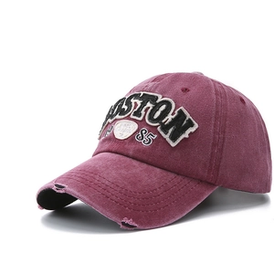 Vintage washed burgundy baseball cap with Boston embroidery and distressed brim detail