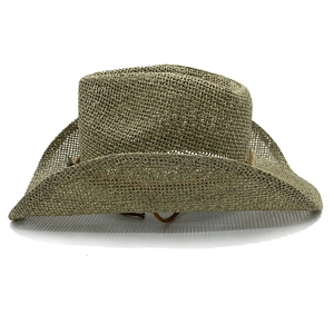 Detail eines armee-grünen Stroh-Cowboyhuts mit Hohlgeflecht und braunem Lederband