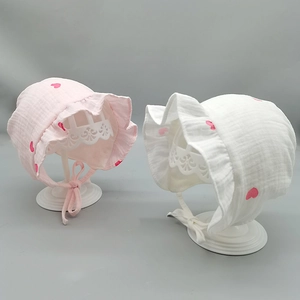 Baumwolle Baby Bonnet Säugling Sonnenhut Rüschen Herz Druck Schnürung Prinzessin Stil Weich Atmungsaktiv Neugeborene Hut