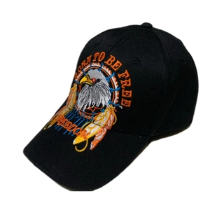 Detail of premium eagle embroidery and Born to Be Free text on black baseball cap