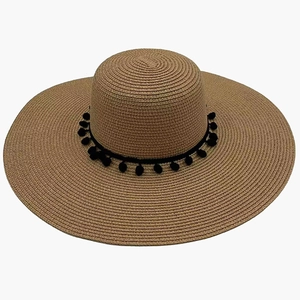 Damen Breitrandiger Strohhut Strand Sonnenschutz Sommer Urlaubshut Mit Schwarzer Bommel Verzierung Atmungsaktiver Khaki Beige Strohhut