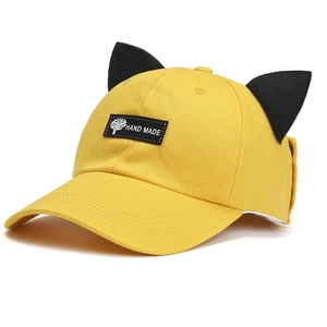 Casquette de baseball jaune avec oreilles de chat noires et écusson Hand Made unisexe
