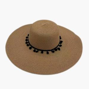 Khaki Damen Strohhut mit breiter Krempe und dekorativen schwarzen Pompons auf Webstoff
