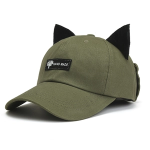 Casquette de baseball pilote vert olive avec oreilles de chat et patch fait main
