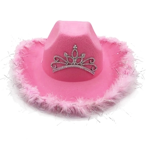 Chapeau de Cowboy Western Rose Avec Couronne de Strass Paillettes Bordure en Plumes Fête Cowgirl Costume Fedora Chapeau Soleil