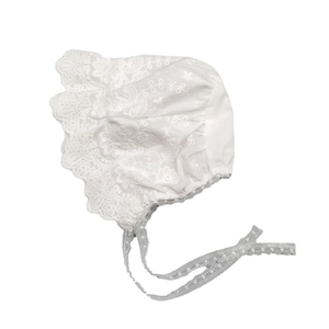 Elegant white lace baby sun hat with floral embroidery and ruffle brim for infant girls