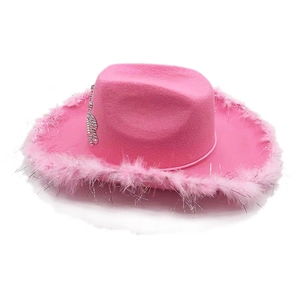 Chapeau de cowboy rose avec bordure en plumes et accessoire papillon argenté brillant