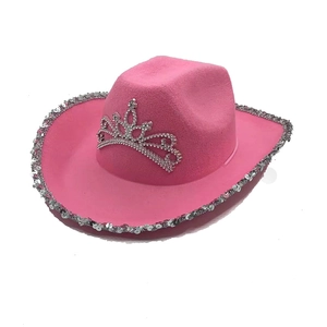Chapeau de cowboy rose avec diadème couronne et bordure à paillettes argentées