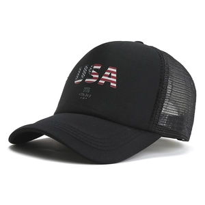 Black mesh trucker hat with USA flag letters and 1776 graphic in a 45-degree angle view