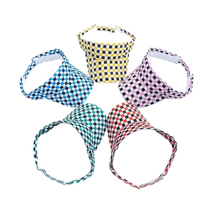 Five colorful checkerboard sun visors in yellow, blue, pink, green, and red