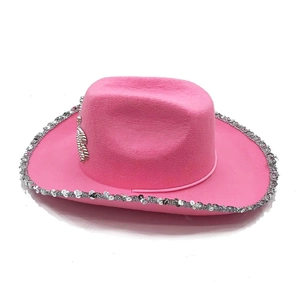 Détail de chapeau de cowboy rose avec paillettes argentées et symbole dollar