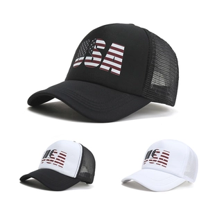 Detail of USA flag mesh trucker hats in black and white colors for outdoor sun protection