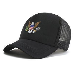 Classic black trucker hat with US eagle emblem and breathable mesh back for outdoor wear