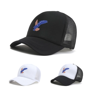 Detailed view of trucker hats showing breathable mesh back and American eagle embroidery
