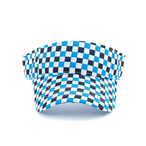 Detail of the blue and white checkerboard pattern on a sun visor hat with wide curved brim