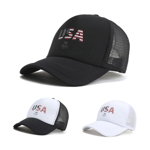 Three USA flag trucker hats in black, white, and mesh styles for 4th July Independence Day