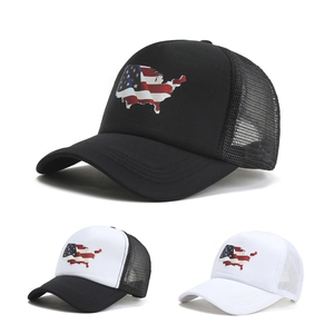 Detail view of breathable mesh trucker hats with American flag map print in three colors