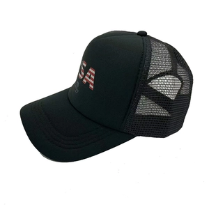 Black mesh trucker hat with USA flag letters and breathable back in a 45-degree angle view