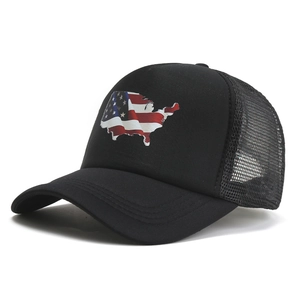Black American flag map trucker hat with breathable mesh and curved brim design