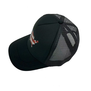 Detail view of black trucker hat featuring an American flag map print and mesh back