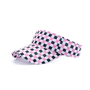 Pink and black checkered open top sun visor hat with a curved brim for outdoor sports