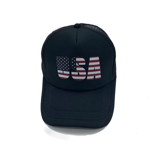 Detailed front view of black mesh trucker hat featuring USA flag pattern printed lettering
