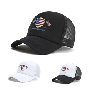Detailed views of mesh trucker hats with American flag shield and Happy Veterans Day text
