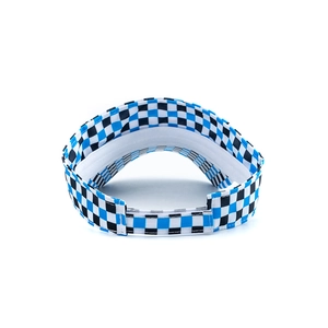 Close-up of the adjustable velcro strap on a checkerboard visor sun hat for women
