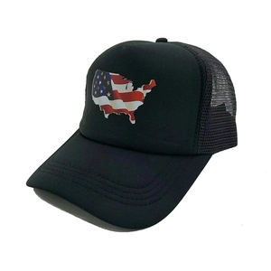 Detail of black trucker hat featuring an American map flag print and breathable mesh