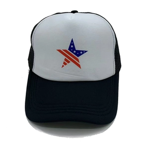 Detail of a trucker hat with mesh back and patriotic American flag star print design