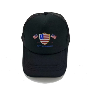 Detail of Happy Veterans Day American flag print on black mesh trucker baseball cap