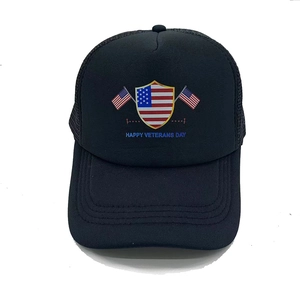 Black trucker cap featuring American flag shield and Happy Veterans Day text detail